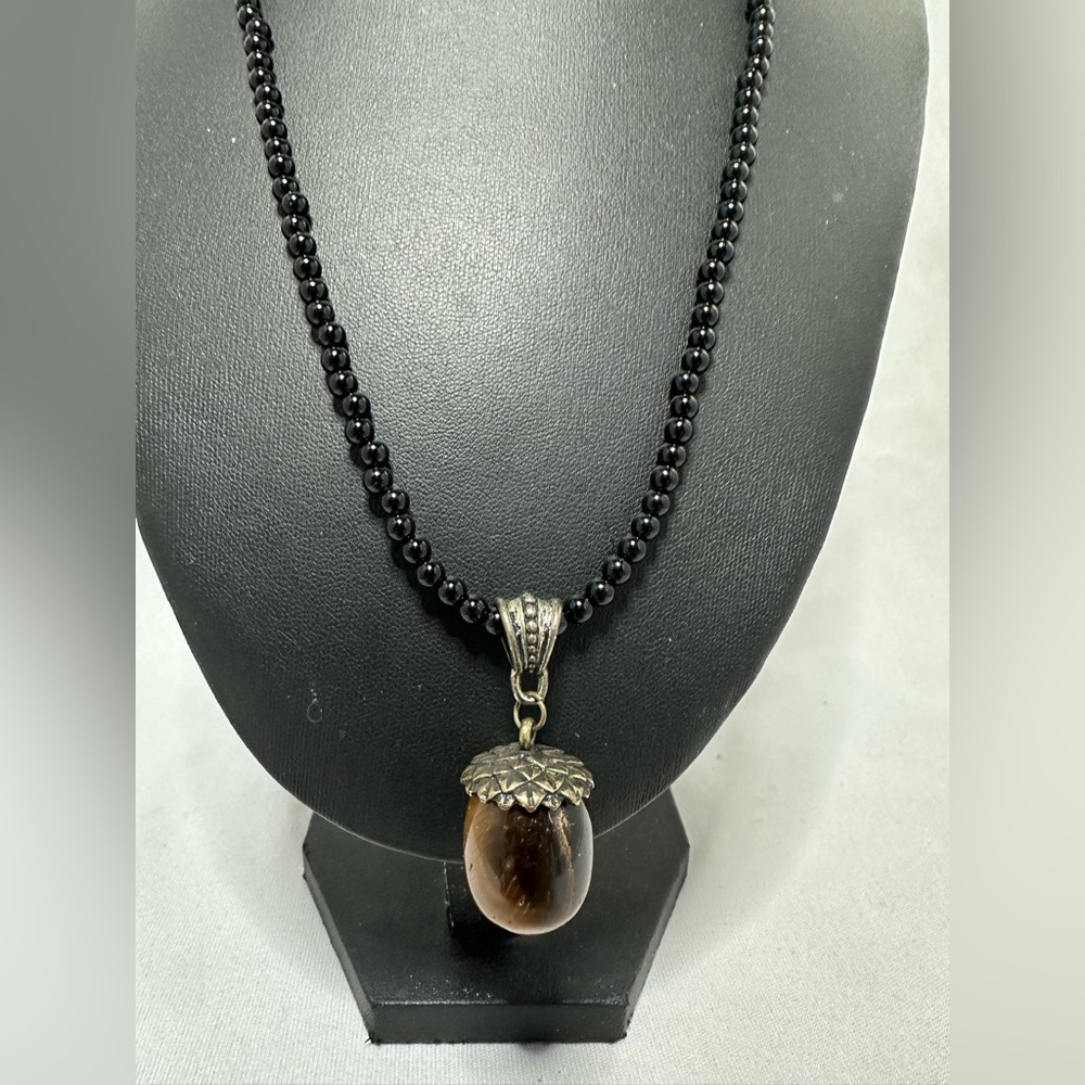 Tigers Eye stone acorn pendant on 4mm black obsidian bead necklace